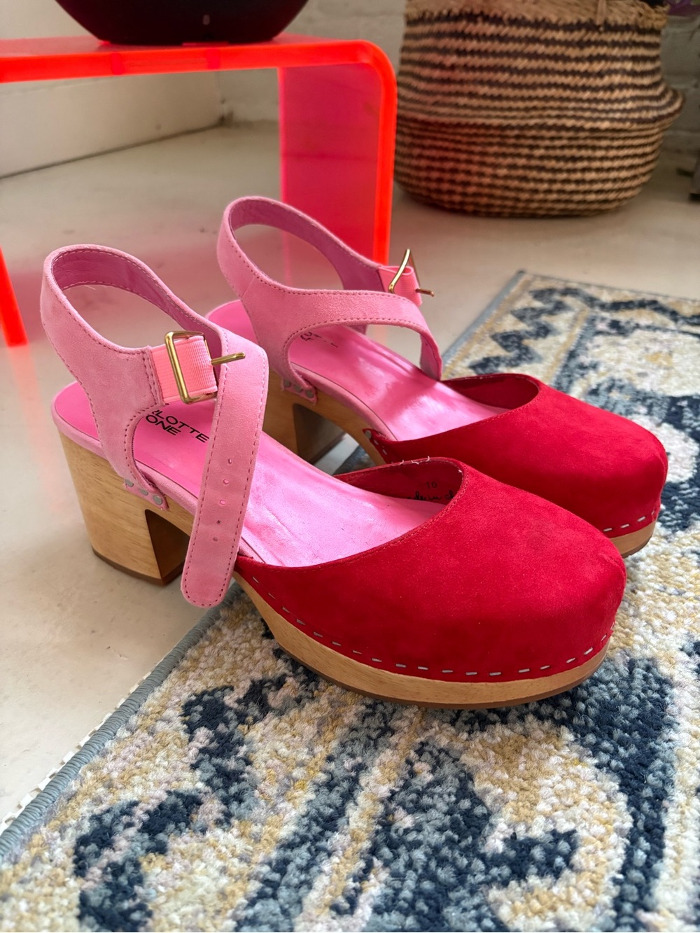 Pink & Red Suede Platform Sandals by Charlotte Stone